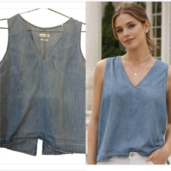 split Tops - Rag & Bone V-Neck Tank Top Chambray Denim Split Back Raw Hem Medium Made in USA